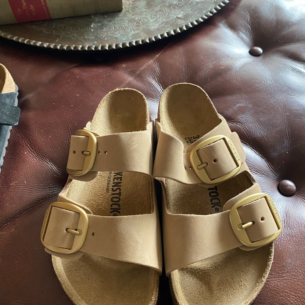 Birkenstock Tan Double-Buckle Arizona Slide Sandals
